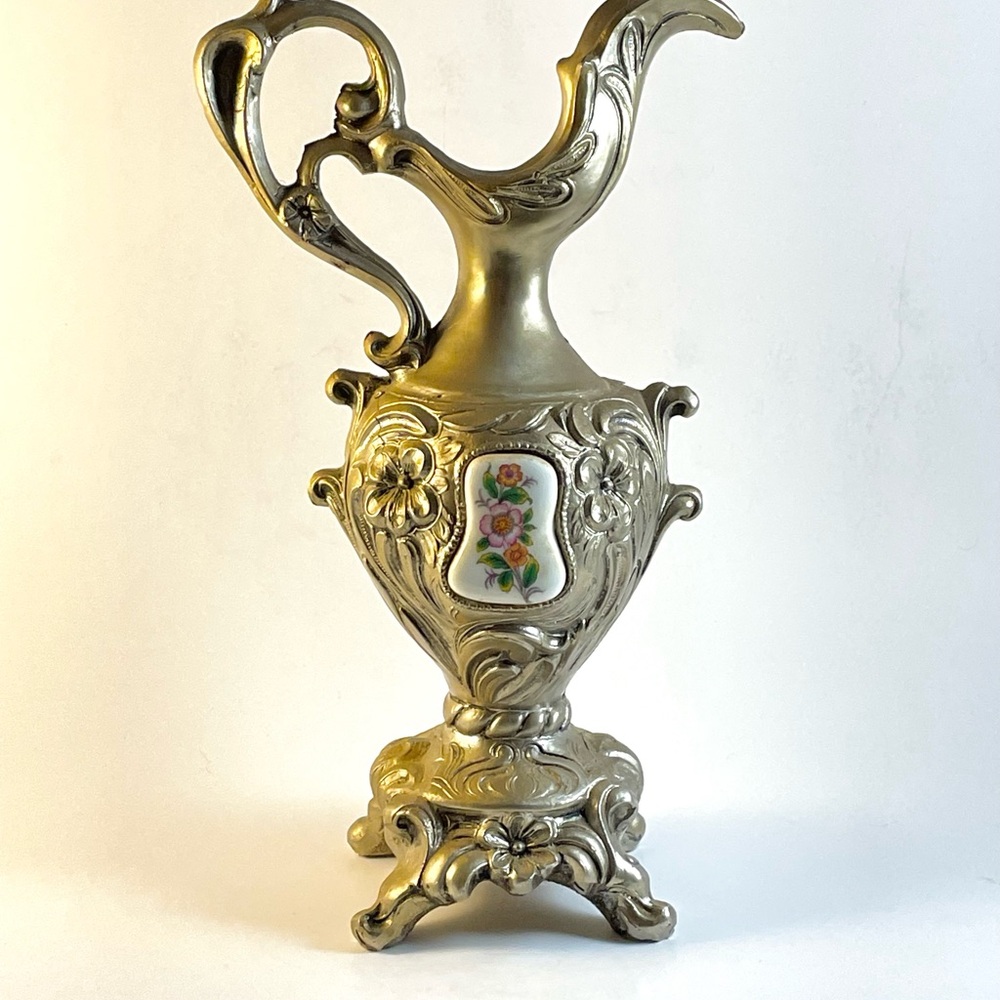 Vintage Spelter French Style Urn/Ewer with Porcelain Floral Medallion